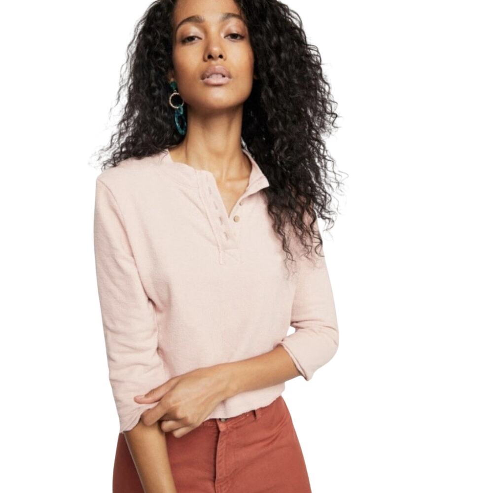 Free Beach FP Beach Rush Hour Pink Henley Boxy Cropped Top 3/4 Sleeve S